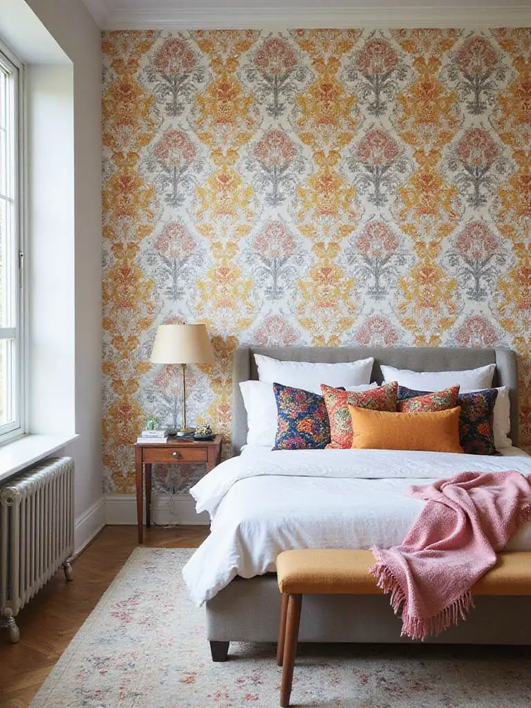 A stylish bedroom with a bold peel-and-stick wallpaper accent wall, showcasing modern decor.