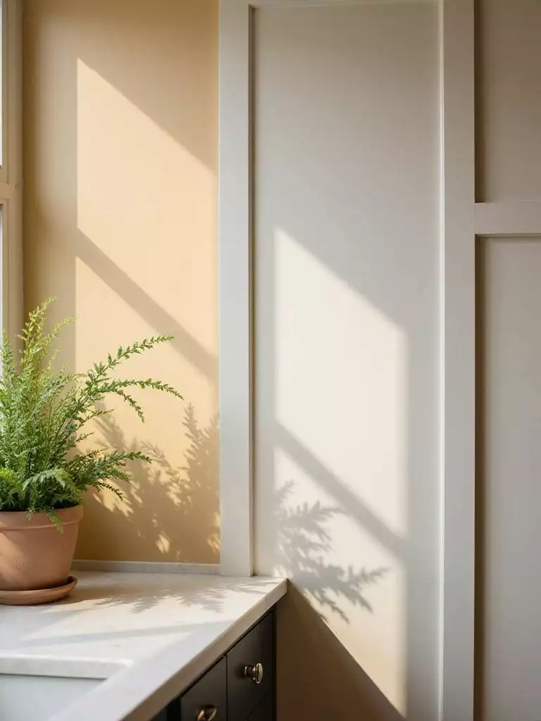 A kitchen wall displaying various paint sheen levels: matte, satin, and semi-gloss.