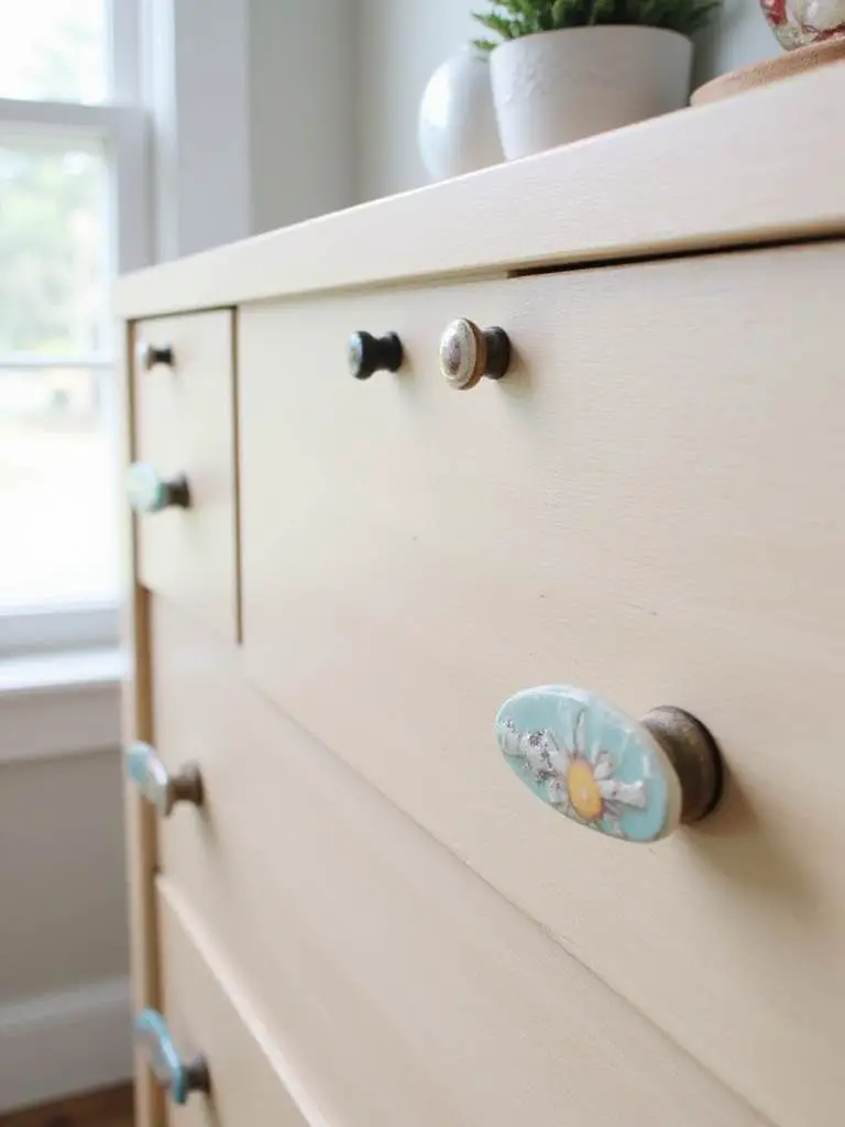 A stylish dresser with updated knobs, showcasing a range of decorative designs.