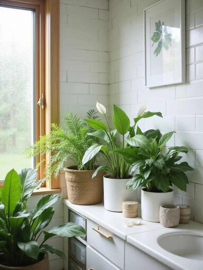 A serene bathroom scene featuring humidity-loving plants like peace lilies and pothos, enhancing the decor with vibrant greens.
