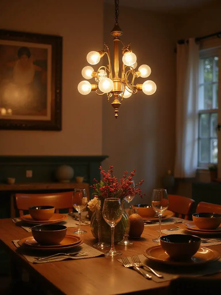 Elegant dining room with LED chandelier illuminating the table setting