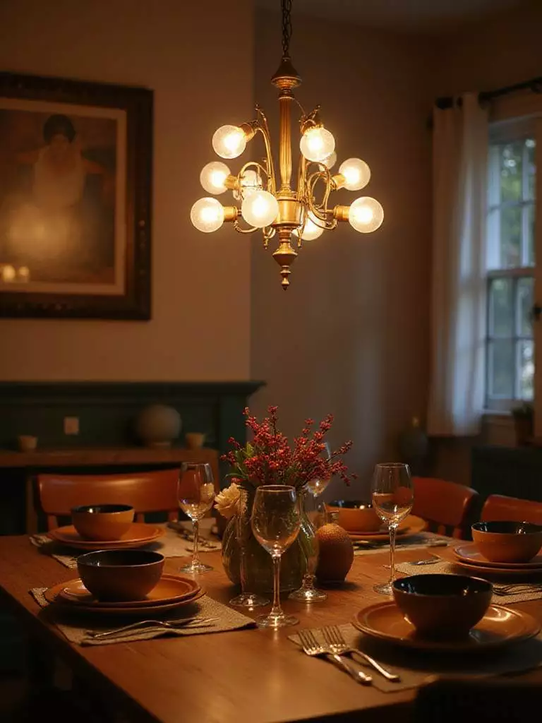 Elegant dining room with LED chandelier illuminating the table setting