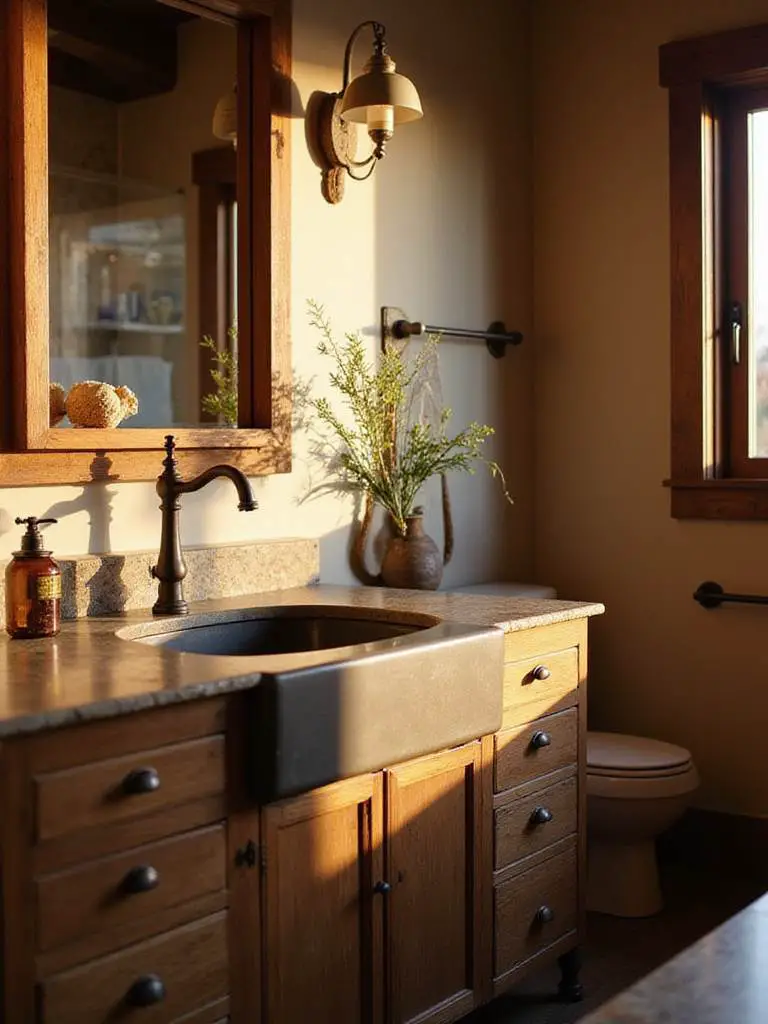 Rustic bathroom with oil-rubbed bronze faucet and wooden vanity