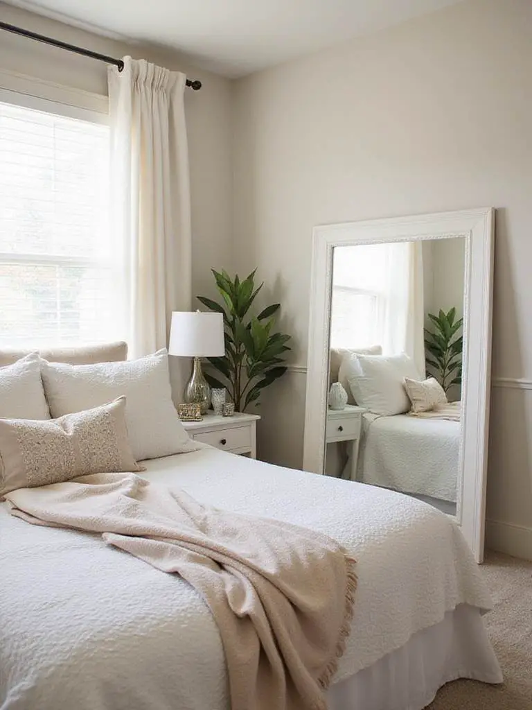 A cozy bedroom with strategically placed mirrors reflecting light and creating an illusion of spaciousness.