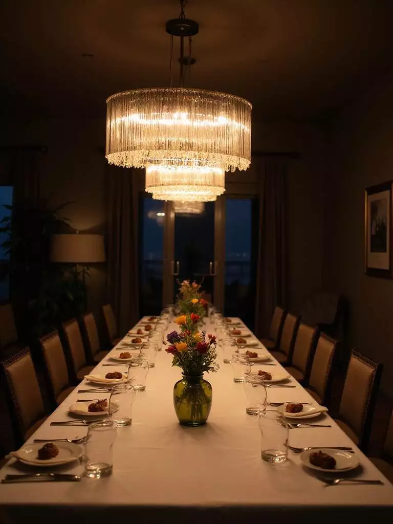 Elegant dining table with linear chandelier providing even lighting