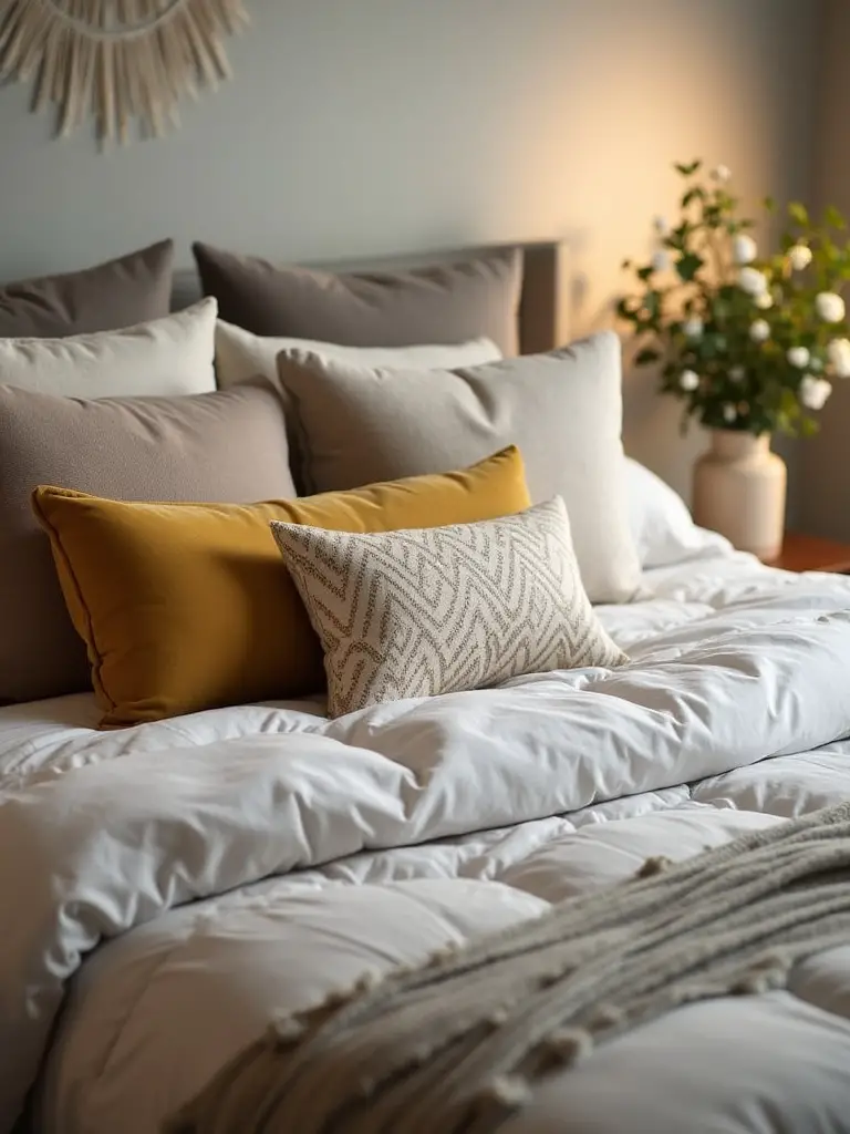 A styled bedroom with layered throw pillows showcasing color and texture.