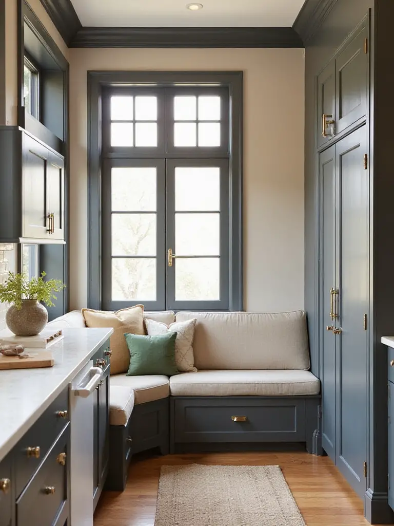 Kitchen with contrasting trim and doors, showcasing design details.