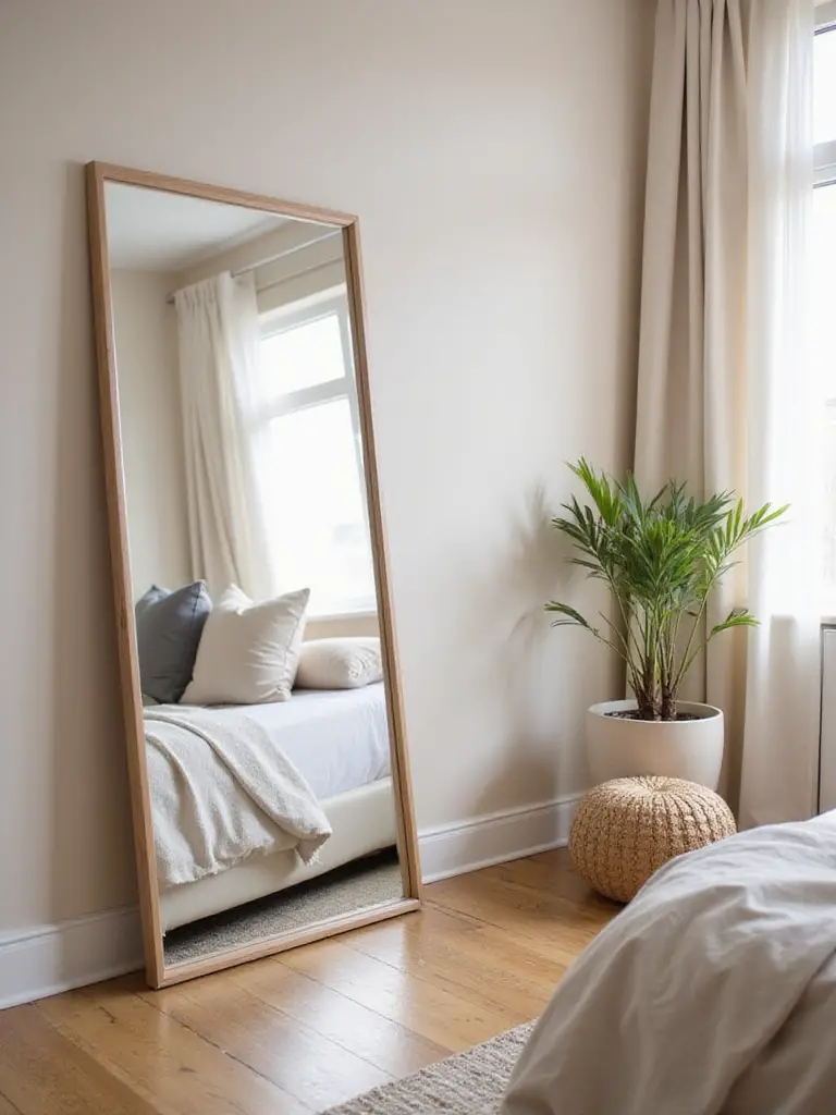 A spacious bedroom with a large floor-length mirror reflecting natural light.