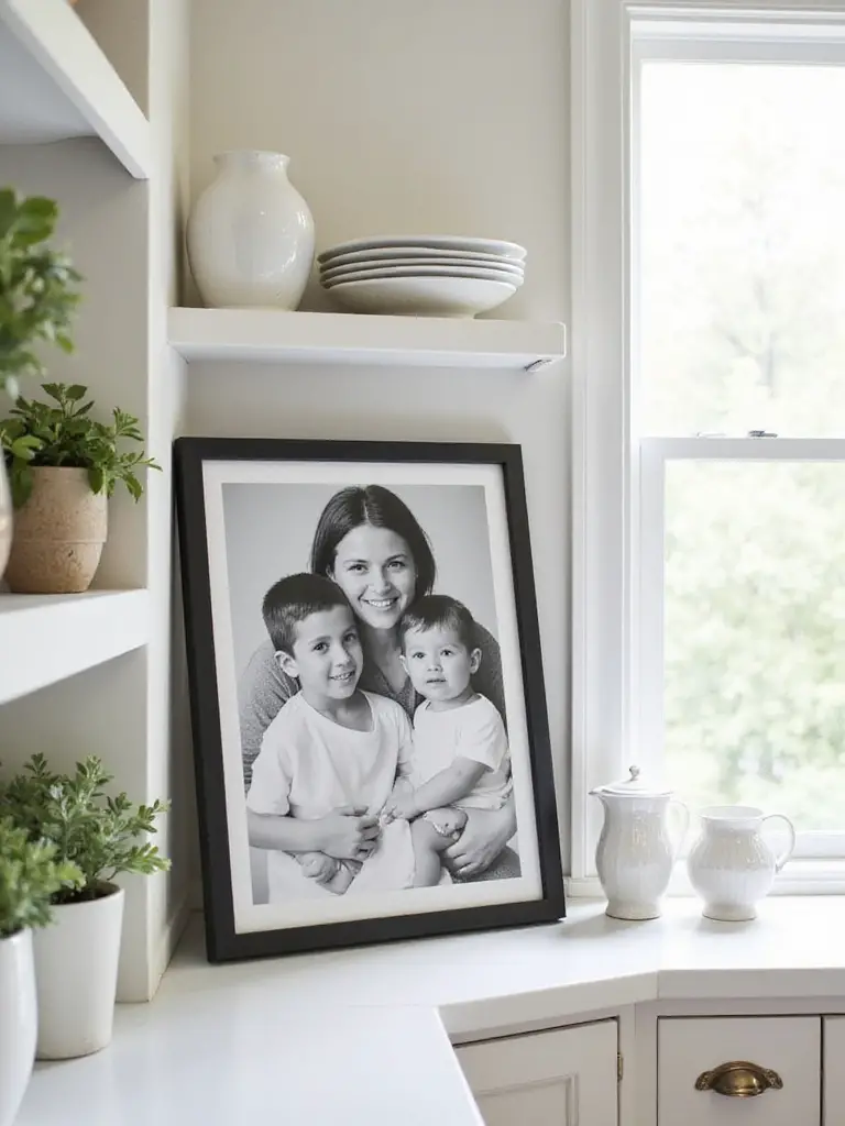 A kitchen shelf with a family photograph and minimal decor