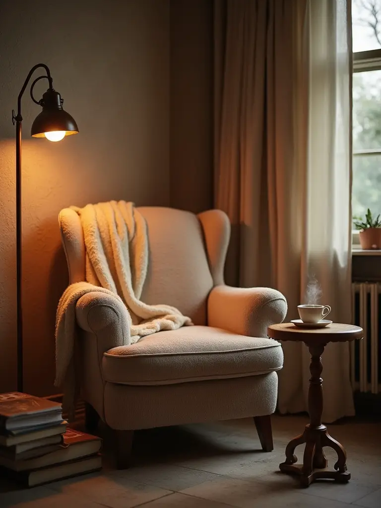 A cozy reading nook in a bedroom with a plush armchair, side table, and warm lighting.