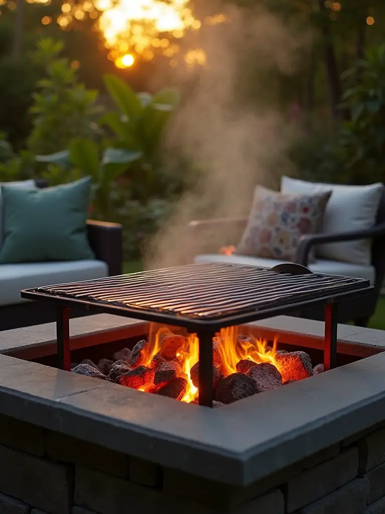 Backyard firepit with a grill grate over coals, showcasing a cozy outdoor cooking setup.