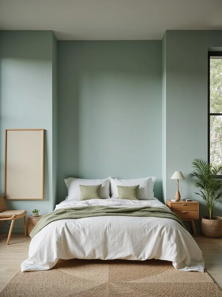 A peaceful bedroom painted in soft cool shades of blue and green with natural wood accents.