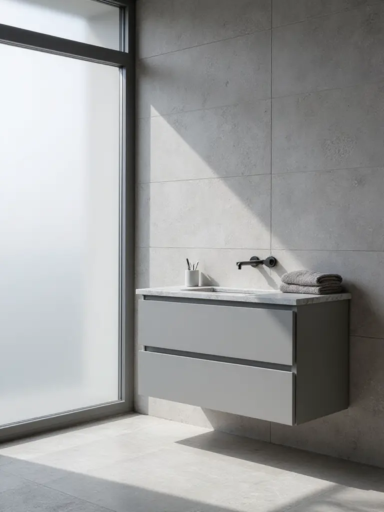 Modern bathroom with monochromatic gray palette featuring textured walls, matte vanity, and soft natural lighting