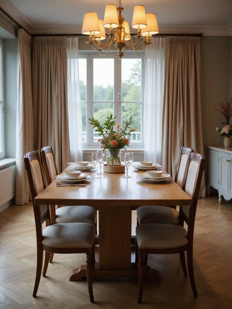Elegant dining room showcasing a quality dining table and chairs with tasteful decor