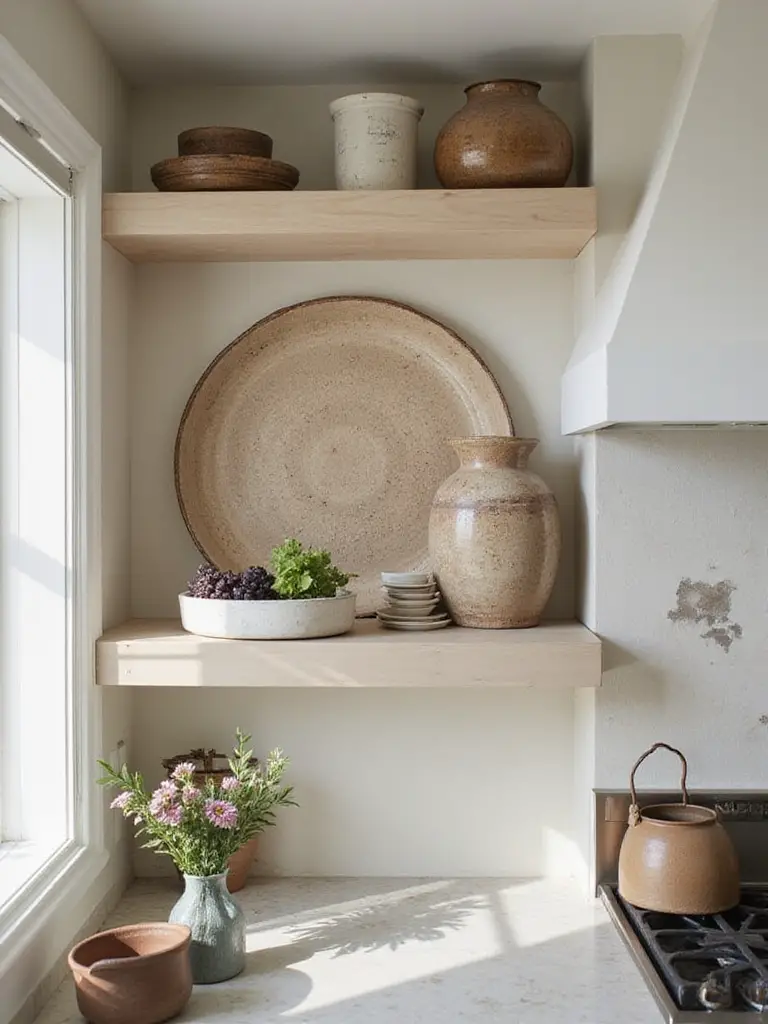 Stylish kitchen shelf anchored with larger items for visual stability
