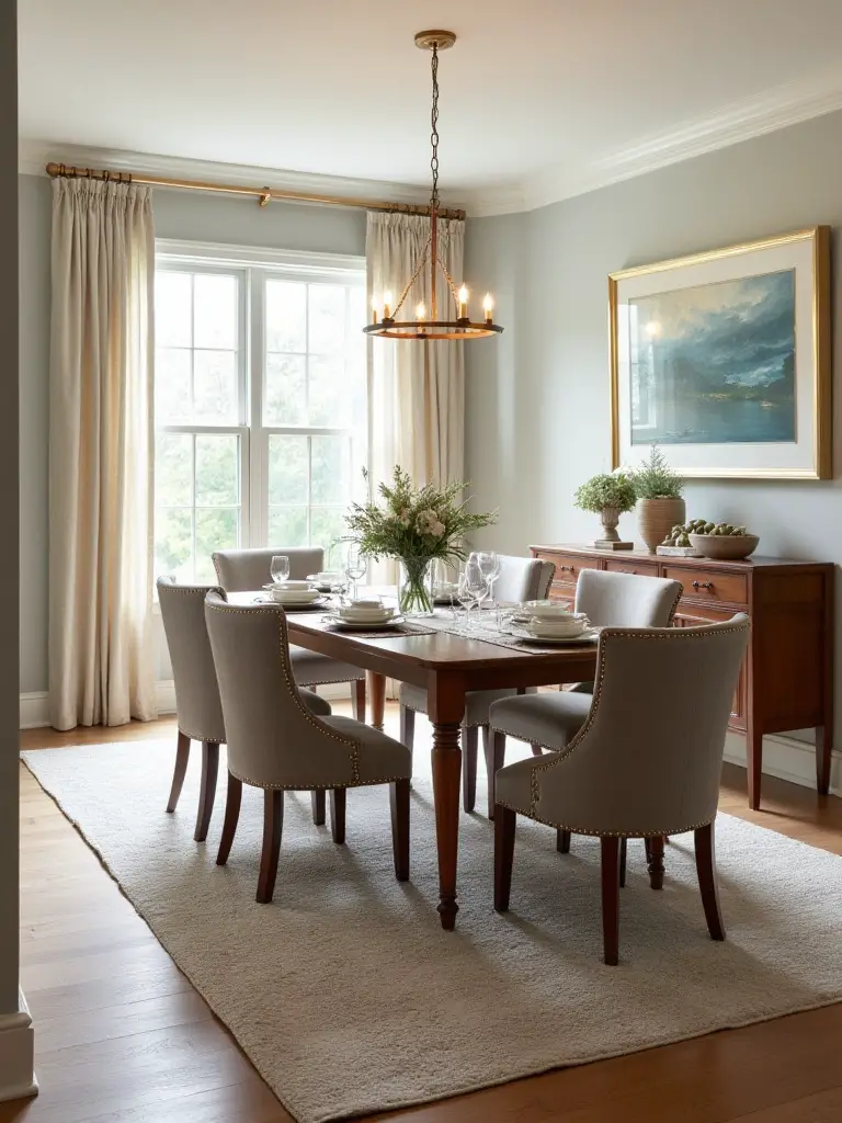 A well-decorated dining room with a large area rug under the dining table and chairs.