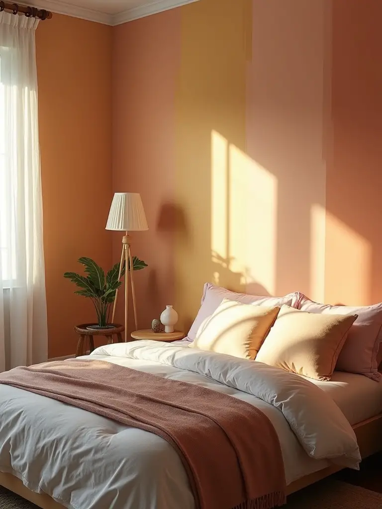 Bedroom showcasing paint colors under different lighting conditions.