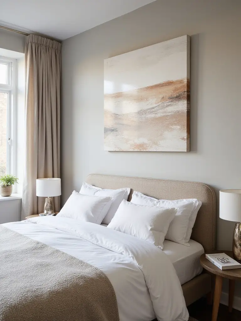 Bedroom wall with large canvas art piece showcasing proper scaling and decor arrangement.