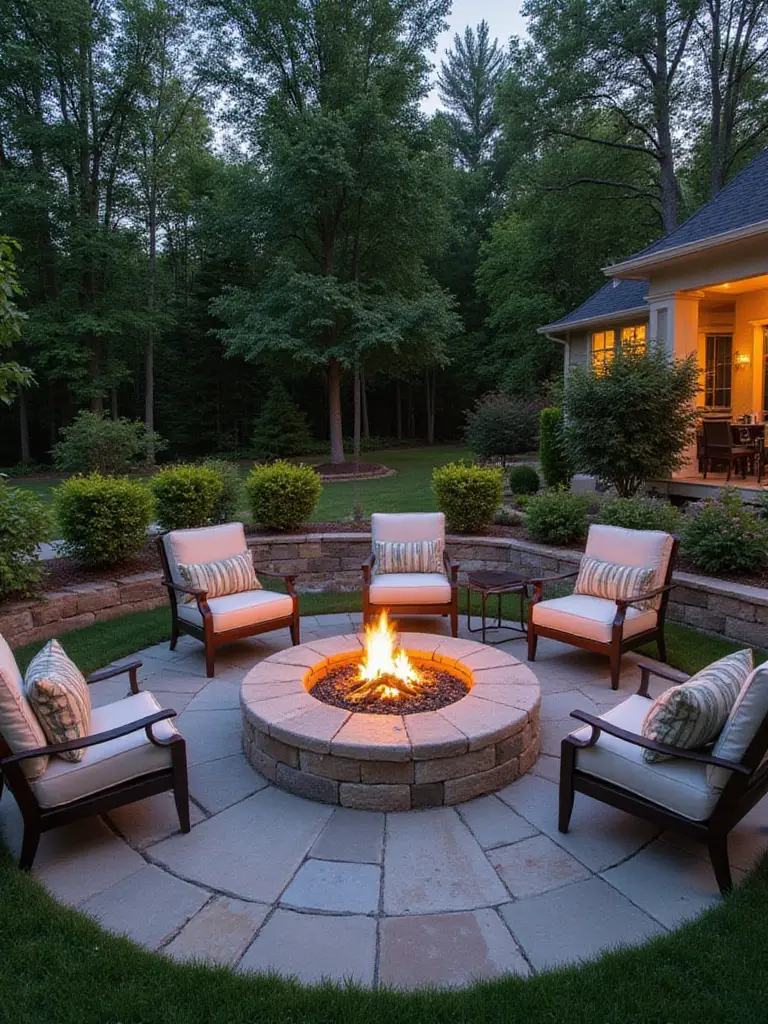 Integrated firepit surrounded by lush greenery and outdoor seating in a backyard setting