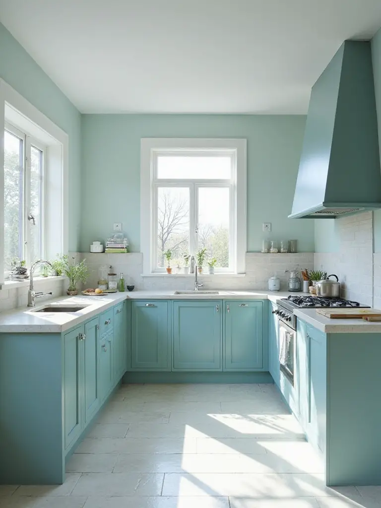 Serene kitchen painted in calming cool tones with natural light