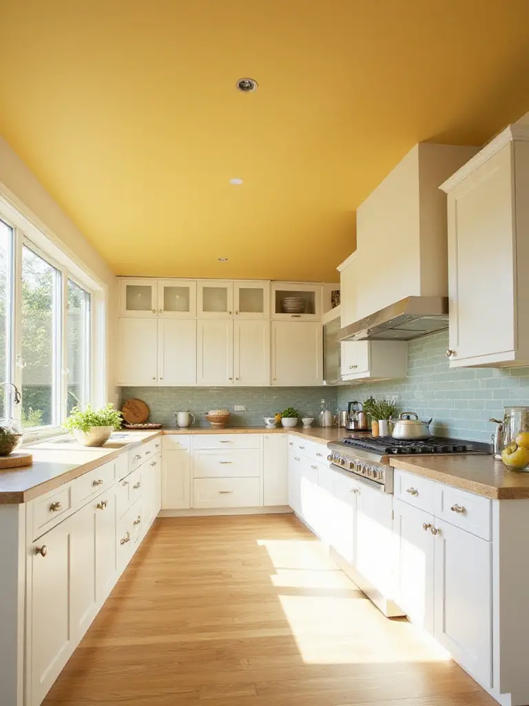 Modern kitchen with painted ceiling in butter yellow