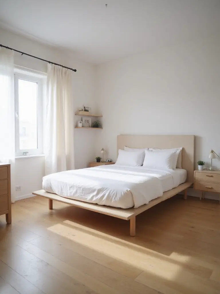 Apartment bedroom with appropriately sized furniture that fits perfectly without overcrowding, showing a compact platform bed and tall narrow dresser in a well-lit, airy space