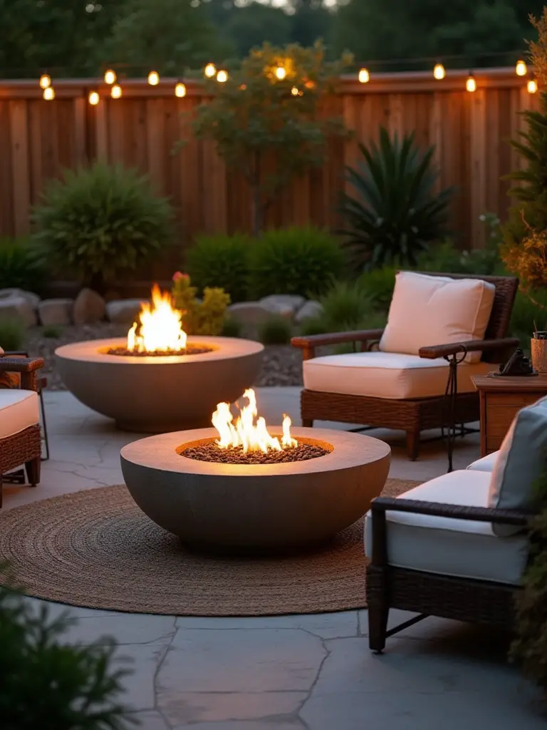 A scenic view of a gas firepit and a wood-burning firepit in a beautiful backyard setting.