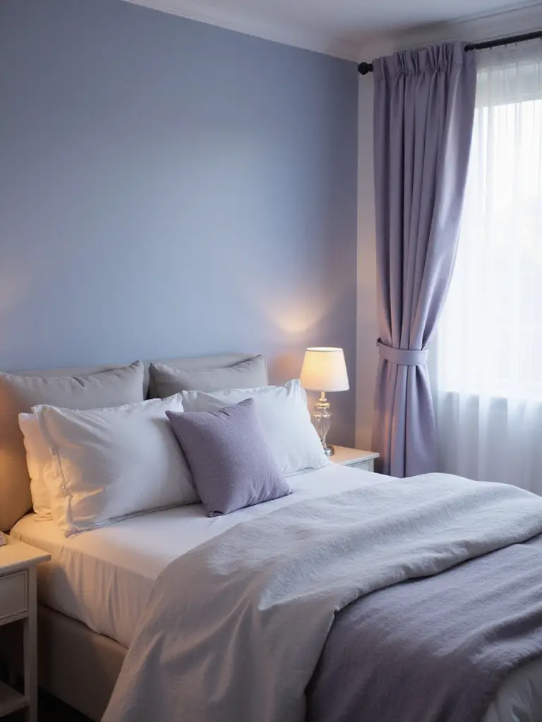 Serene bedroom with soft blue walls and muted lavender accents, featuring light linen bedding and warm lighting.