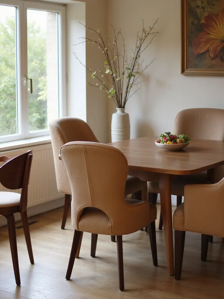 A dining room featuring ergonomic chairs around a stylish table with warm lighting.