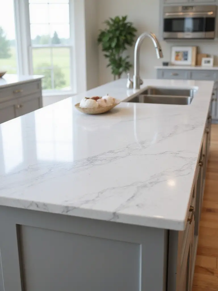 Modern kitchen island with durable quartz countertop showcasing style and longevity in natural daylight