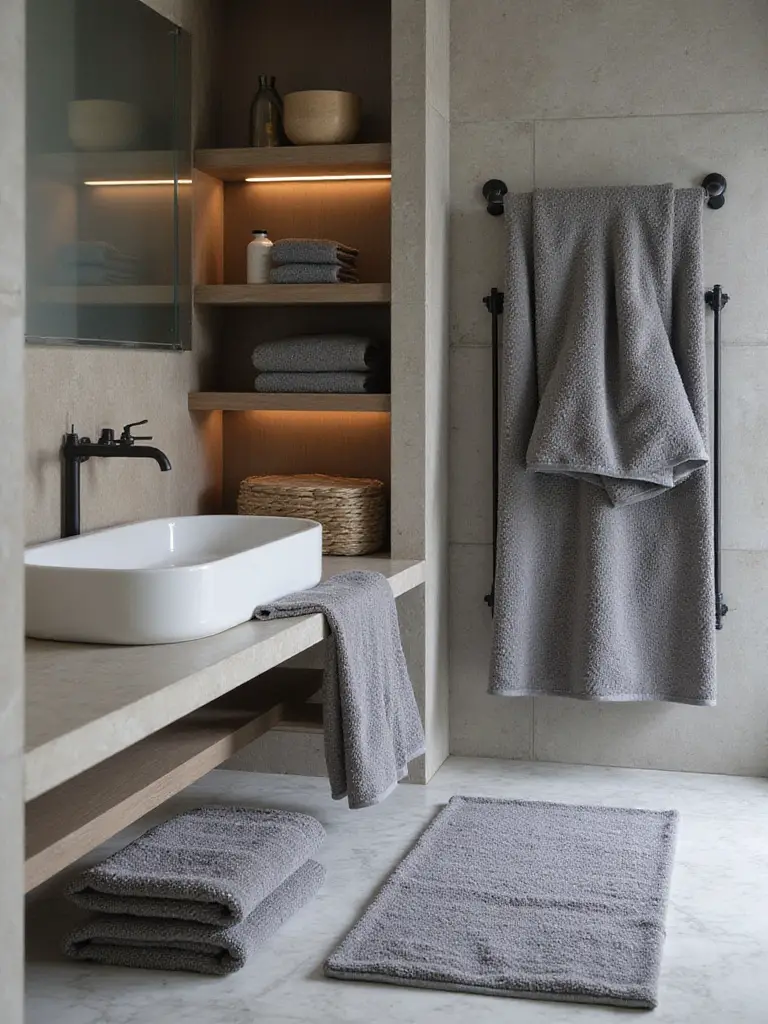 Modern bathroom with plush high-quality textiles including oversized bath sheets and thick bath mats arranged on open shelving and towel racks