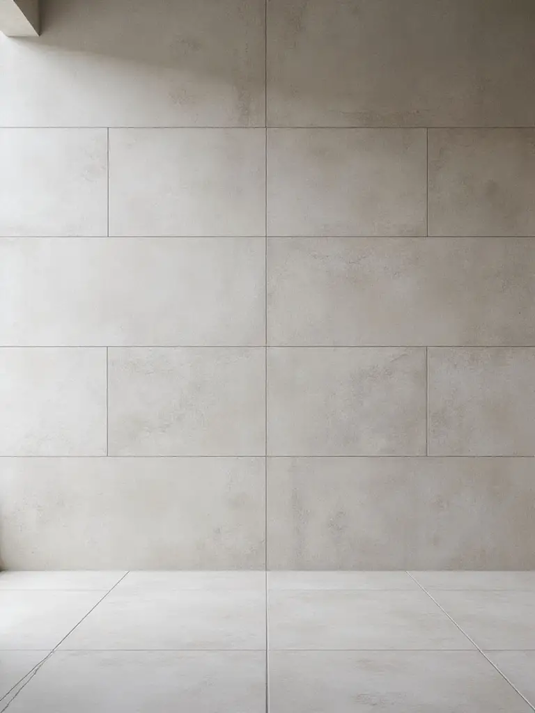 Modern bathroom wall featuring large format porcelain tiles with minimal grout lines creating a seamless and expansive look