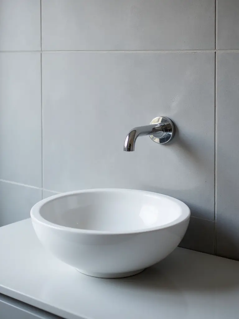 Modern bathroom sink with chrome wall-mounted faucet and minimalist white vessel sink on gray tiled wall