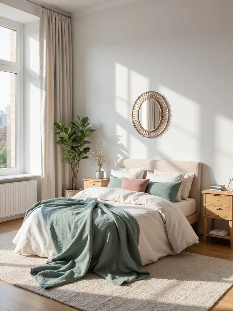 Apartment bedroom with a calming cohesive color palette of soft neutrals and muted blue accents, bright and spacious feel