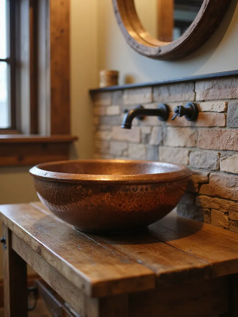 Copper vessel sink with hand-hammered texture on reclaimed wood vanity in rustic bathroom