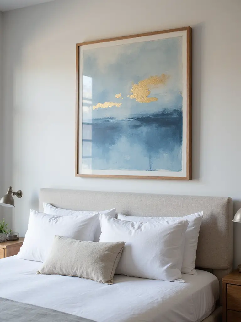 Elegant bedroom with a statement piece artwork above the bed