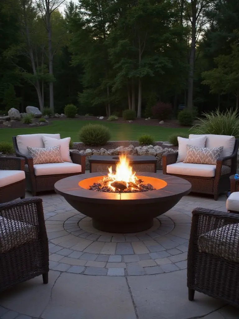 Outdoor area featuring a well-designed firepit surrounded by seating and greenery.