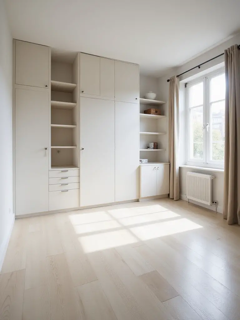 Minimalist apartment bedroom with no clutter showcasing maximized visible and usable floor space and smart storage