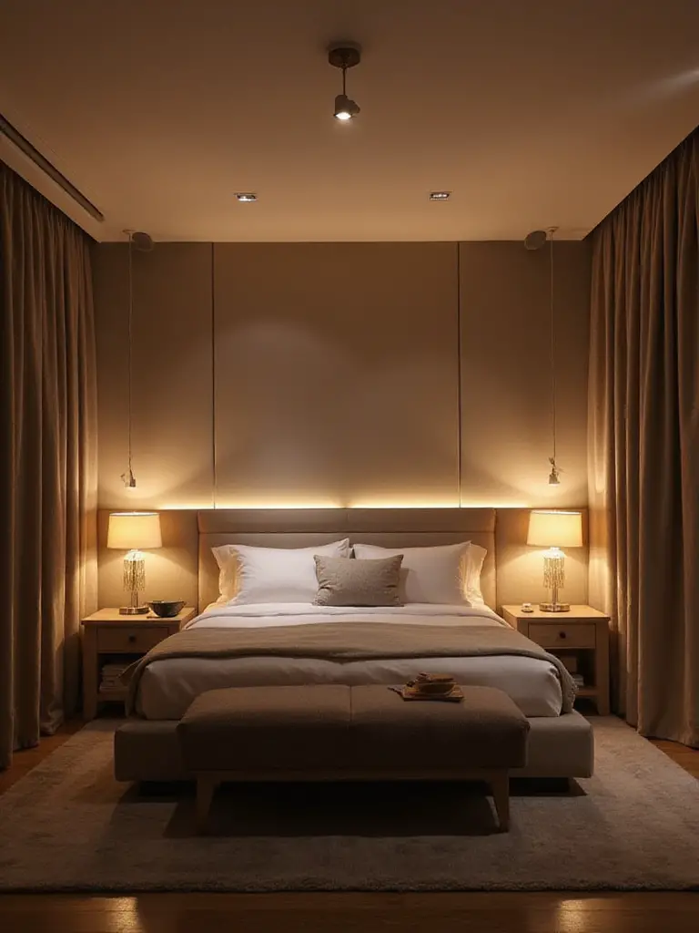 A serene bedroom showcasing combined varied lighting for ambiance control.