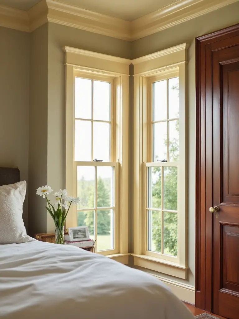 Elegant bedroom showcasing harmonious trim colors with warm cream trim and antique mahogany woodwork