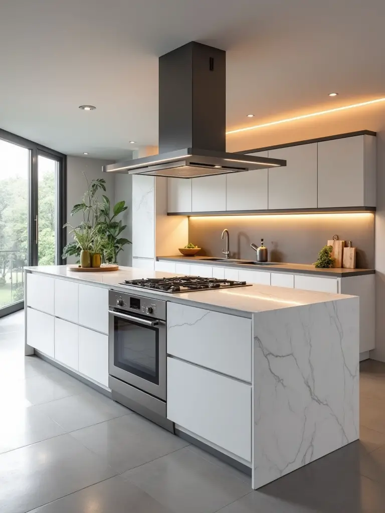 Modern kitchen island with integrated induction cooktop and built-in oven, bright open-concept kitchen, natural and LED lighting