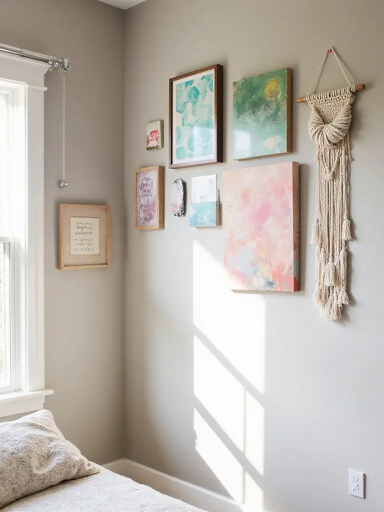 DIY wall art projects showcased in a cozy bedroom setting with colorful canvases and macrame.