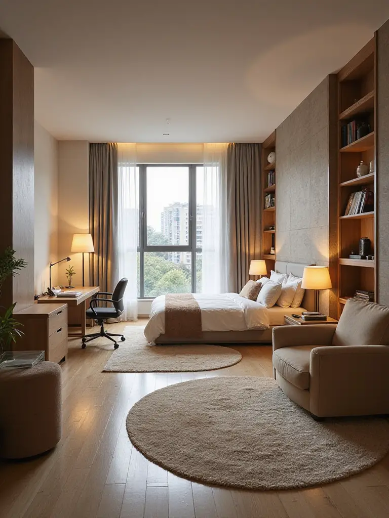 Apartment bedroom with distinct zones for sleeping, working, and relaxing featuring bed, desk, and lounge chair with room dividers