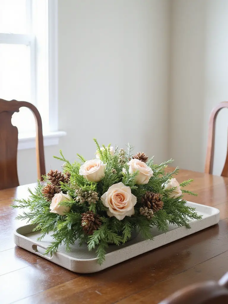 Elegant dining table centerpiece featuring seasonal decor elements