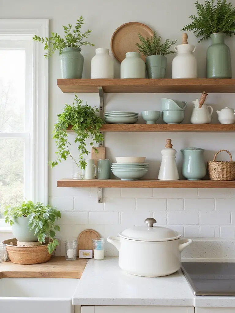A beautifully organized kitchen shelf with a cohesive color palette featuring ceramics, glassware, and plants.