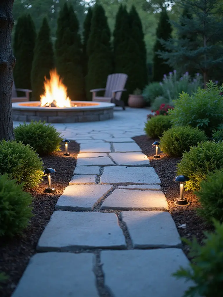 Defined pathway leading to a firepit, illuminated by LED lights in a landscaped garden