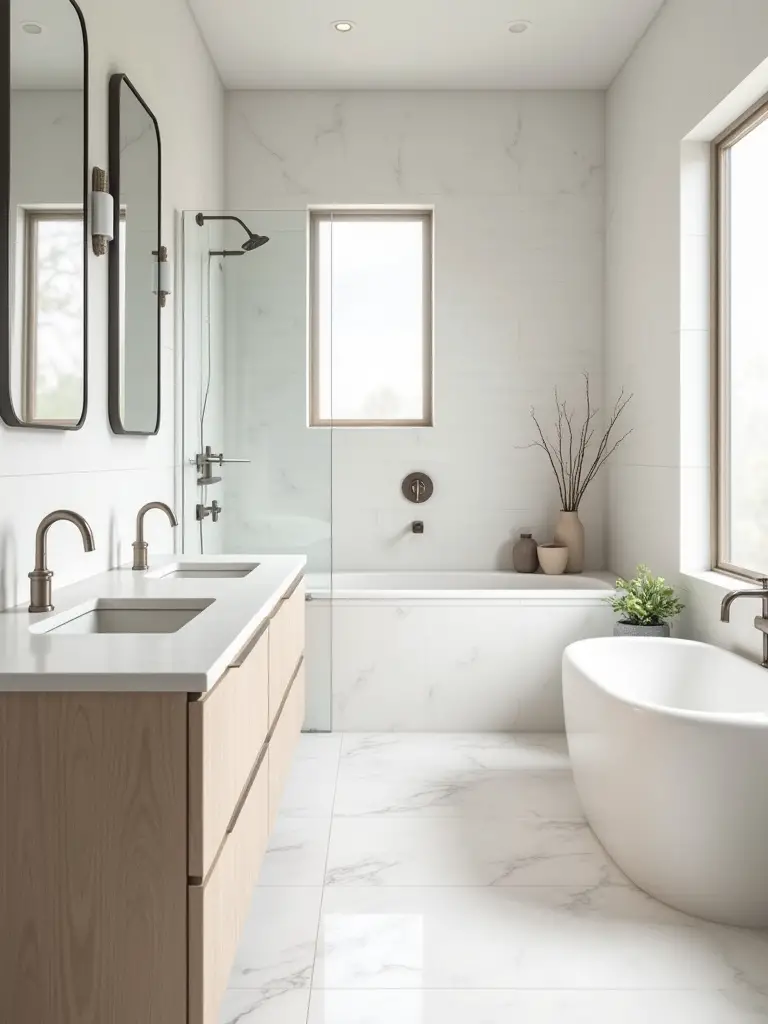 Modern bathroom interior with neutral base palette featuring white tiles, grey accents, light wood cabinetry, and natural lighting
