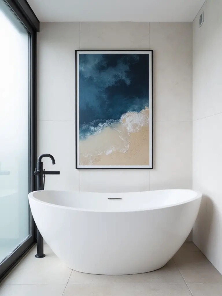 Modern bathroom interior featuring oversized abstract art above a white freestanding bathtub with minimalist decor and soft natural lighting