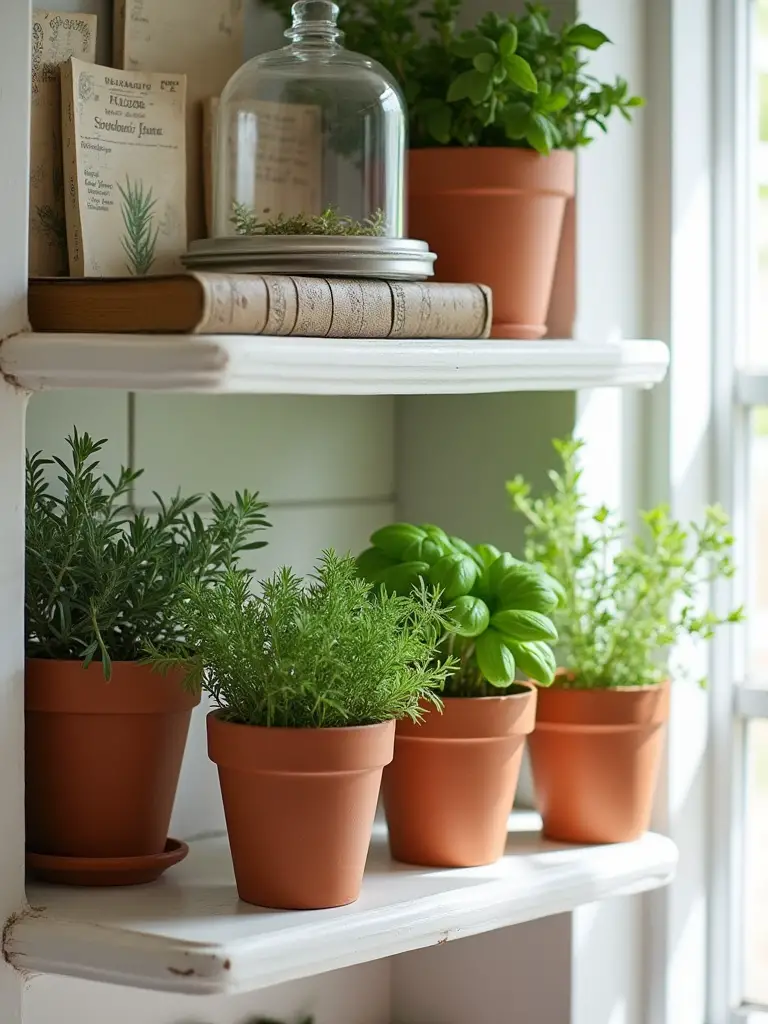 Kitchen shelf vignette with herbs and cookbooks