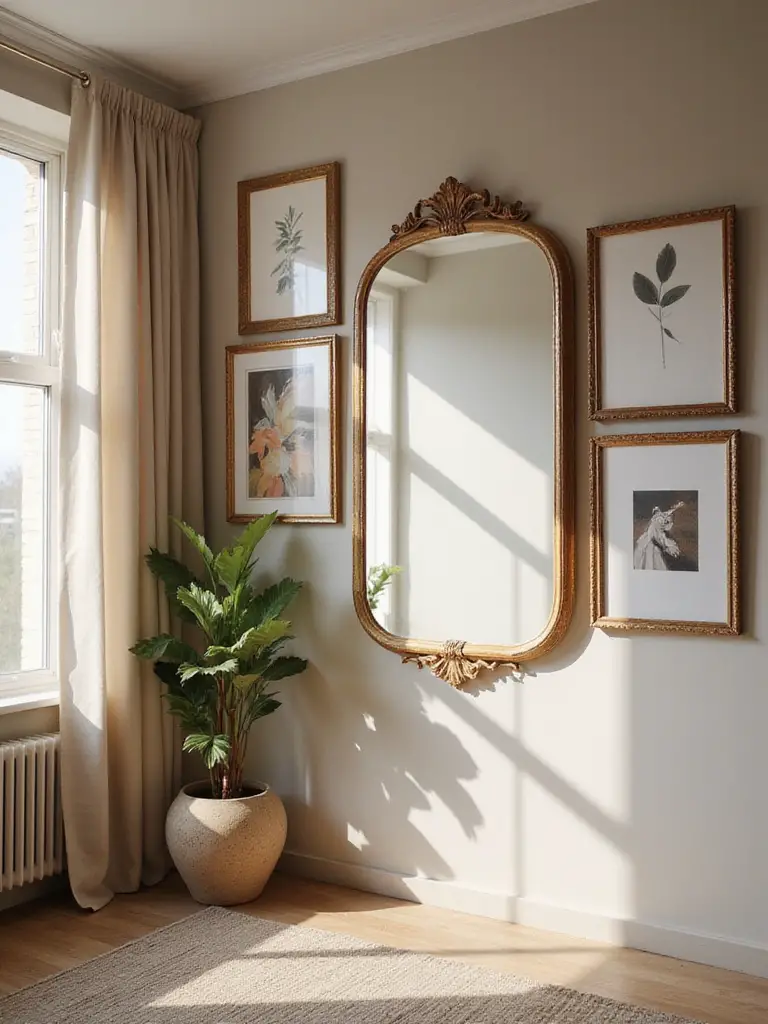 Apartment bedroom wall with curated art and large decorative mirror enhancing visual depth and character